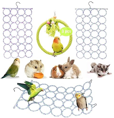 Sysmashing 3 Pack Swing Hanging Toys,Bird Climbing Rope Net Ladders Small Medium Pet Activity Toy Suitable for Parakeet,Cockatiel,Cockatoo,Hamster,Rat,Ferret(Random Color)