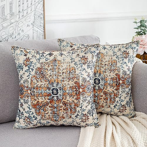 Sofakissen 50 X 50 Blau Deko Kissenbezug Türkischer Antiker Orientalischer Teppich Kissenhülle Moderne Abstrakte Leinen Kopfkissenbezug Kissen Bezüge Herbst für Wohnzimmer Schlafzimmer 2er Set