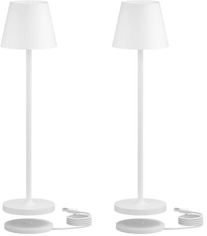 K-Bright 2 Stück 27.5cm led tischlampe | Indoor & Outdoor kleine Akku Tischleuchte | Warme Lichtfarbe | IP54 wasserdicht | mini tischleuchte akku mit USB Ladestation | Weiß