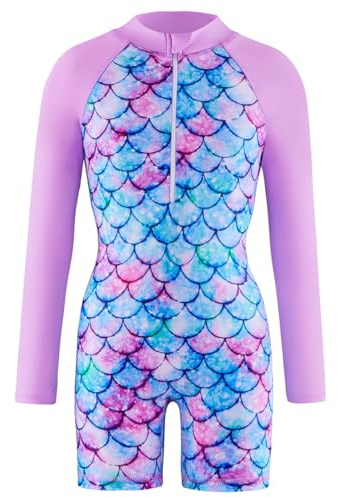 Traje de baño para niña de una pieza, protección UPF 50+, manga larga, traje de baño para niños, protección solar, traje de baño, morado, 100（3-4 Jahre）