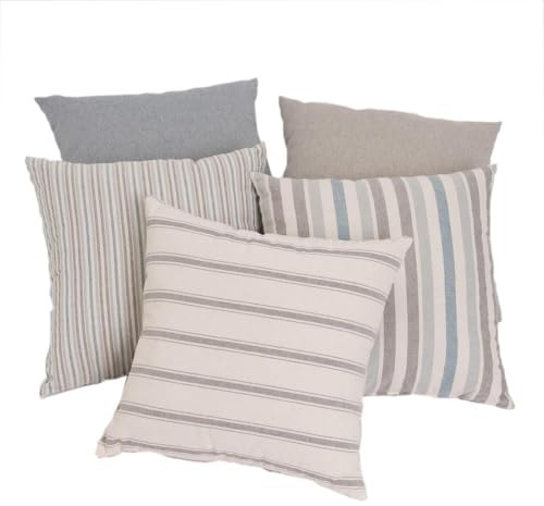 LOLAhome - Set de 5 Cojines de Rayas Azul de algodón Natural 45x45 cm con Relleno para salón o Dormitorio. Reversibles y sostenibles con Certificado OekoTex para un Confort Suave y Decorativo