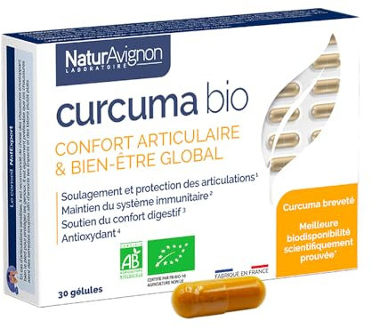 Laboratoire NaturAvignon Curcuma BIO breveté | Confort et flexibilité articulaire | Haute absoprtion cliniquement prouvée | Certifié Ecocert | Fabriqué en France | 30 gélules (1mois)
