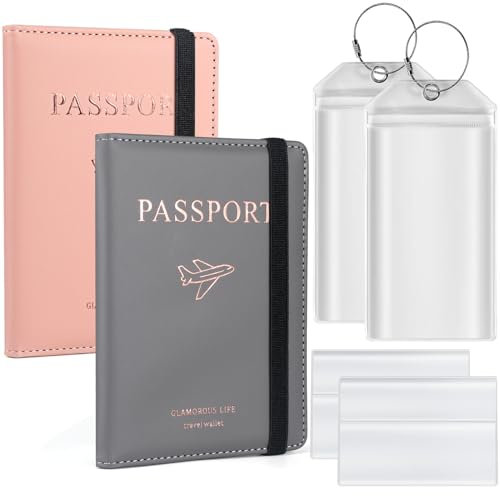 LUSEE Reisepasshülle, Reisepass Hülle Passport Holder Hülle Leder für Reisepass, Reisepasshüllen Reisedokumente Ausweistasche Kreditkarten, und Transparent in reißfester Schutzhülle, Rosa+Grau
