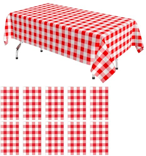 KAshack 10 manteles rectangulares de plástico desechables, 137 x 274 cm, a cuadros rojos y blancos, manteles de plástico para exteriores, resistentes al agua, fiestas, mesas de cerveza, manteles para