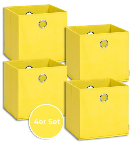Storanda | 4er Set Aufbewahrungsbox 33x33x33 cm | Extra Große Griffe | Stabil & Faltbar | Regalbox für Würfelregal Kallax | Ideal für Zuhause & Kinderzimmer | Gelb
