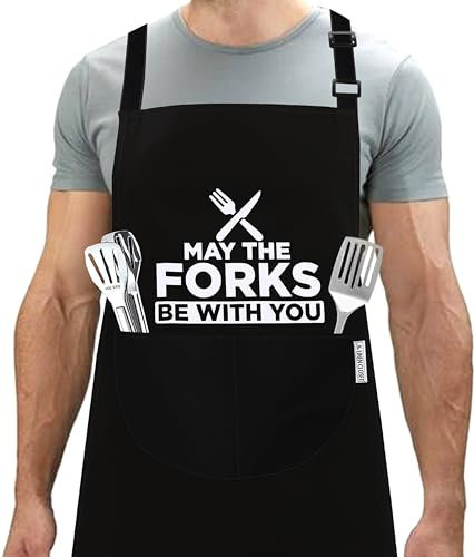 LINEN CLOSET® Bbq Apron for Men Funny Aprons Chef Grilling Novelty Barbecue Aprons Kitchen Cooking Gift Black Apron with 2 Pockets-May The Forks Be with You