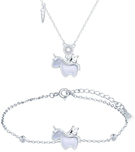 MICMIF Juegos de Joyas para Mujer y Niñas, Collar y Pulsera de Plata Unicornio, Colgante Unicornio con Madreperla Cadena 39+4cm, Plata de Ley 925 Conjuntos Joyas Fiesta Cóctel
