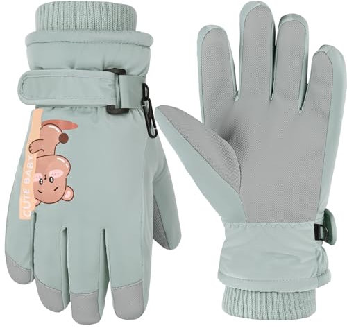 Weinsamkeit Kids Skihandschuhe Winter Warmes Futter Schnee Kaltes Wetter Winddicht Wasserdicht Verstellbare Handschuhe für Mädchen Kinder 5-10 Jahre (Grün)