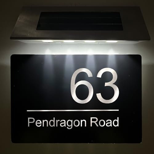 Solar House Number | Door Number Plaques for Wall | House Numbers Plaques with Solar Light | Composite Aluminium Black House Sign Door Sign | 195mm X 130mm(Design 2, Solar House Number)