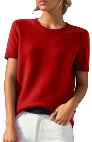HUIFUAO Pull tricoté à manches courtes pour femme - Grande taille - Pour l'été - Basique et élégant - Noir - Pull à col rond, Z01 Rouge, L