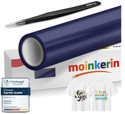 moinkerin Indigo 30,5 x 400 cm, plotterfolie, textil och överföringsfolie, plotter – PVC-överföringsfolie med pincetter i rostfritt stål för gör-det-själv T-shirts och textilier