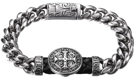 JewelryWe Pulsera Medalla de San Benito: Brazalete de Cadena Cubana Vintage para Hombre de Acero Inoxidable Joyería Católica Religiosas Regalo para Padres Y Novios