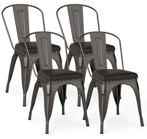 COSTWAY Matrumsstolar set om 4, biststol metallstol stapelbar, köksstolar, vadderad, trädgårdsstolar med ryggstöd, stolar för matsal café restaurang, 44 x 53 x 84 cm (skottgrå)