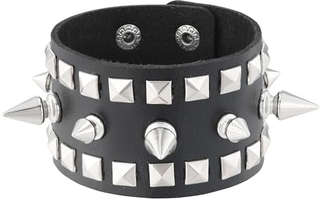 JJDreams Bracciale in pelle nera con sei file di borchie quadrate, bracciali in pelle punk, cinturino vintage per uomini e donne