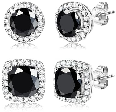 Dochais 2 Paia Orecchini Argento Sterling 925 Uomo Donna Orecchini Diamante Zirconi Cubici Quadrati Rotondi Brillantino Set Orecchino a Lobo Ipoallergenici Placcati Oro 14K Simulato Halo Argento Nero