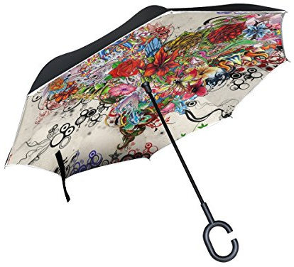 Parapluie inversé Double Couche inversée Pliable pour Auto, poignée en Forme Mignon Huskies avec Roses Rouges pour Homme