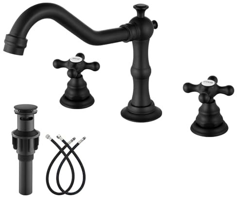 Robinet mélangeur noir mat pour lavabo de salle de bain avec double bouton en croix 3 trous avec bonde pop-up