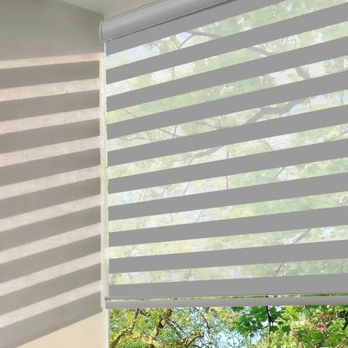 Changshade Zebra Blinds for Windows Cordless Double Layered Roller Semi Sheer Shades with Valance Light Filtering Privacy for Day and Night Pull Down Roller Shade for Home Office,39 W×72 H,Grey