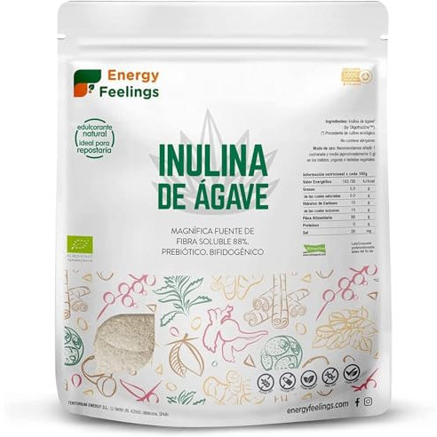 Energy Feelings Inulina da Agave in Polvere BIO 500g. Fibra Prebiotico, Dolcificante Naturale Ipocalorico Senza Glutine e Senza Zucchero. Inulina per Gelati e Dolci