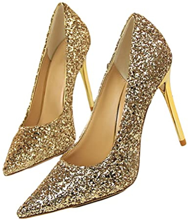 Onsoyours Femme Talons Hauts Paillettes Pompe Sexy Pointu Stylet Chaussures Elégant Bureau Banquet Occasions Formelles Escarpins Robes Pompes Or 39 EU