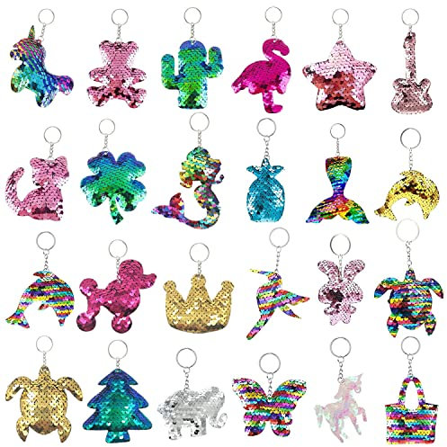 ePicsoa 24 Pcs Colorful Sequin Keychains Girls Keyrings Party Bags Gift, Reversible Sequins for Kids Adults Birthday Favors Backpack Accessories
