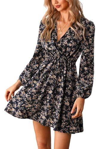 Cupshe Robe trapèze portefeuille, à col en V, surplis et manches longues, décontractée et courte, motif floral, pour femmes, Noir , M