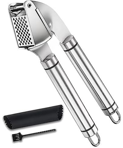 Uleeso Knoblauchpresse Knoblauchschneider Garlic Press Praktischer Küchenhelfer Edelstahl Knoblauch Crusher Spülmaschinenfest | Leicht zu reinigende (Silber)