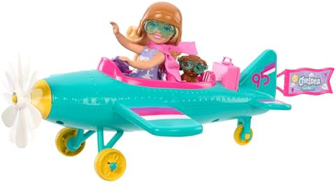 Barbie Chelsea Flugzeug Puppe und Spielset - Pilotenpuppe, Flugzeug, Hündchen und Zubehör für Geschichtenerzählen, rollende Räder und blumenförmiger Propeller, ab 3 Jahren, HTK38