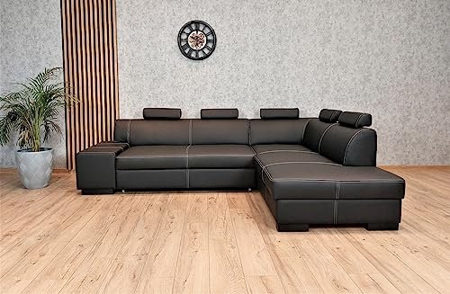 Quattro Meble Echtleder Ecksofa London II 5z 275 x 200 Sofa Couch mit Bettfunktion, Bettkasten und Kopfstützen Echt Leder Eck Couch Schwarz und viele mehr Farben (275x200 cm Ecke Rechts)