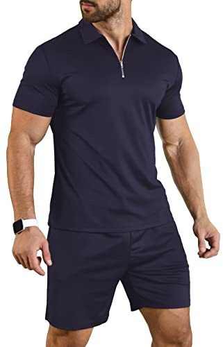 KUYIGO Men's Summer Polo Shirt Shorts 2 Piece Set Casual S-XXL | 95% polyester 5% spandex, durable, zip polo collar, drawstring shorts, golf tennis lounge, gift idea, summer casual