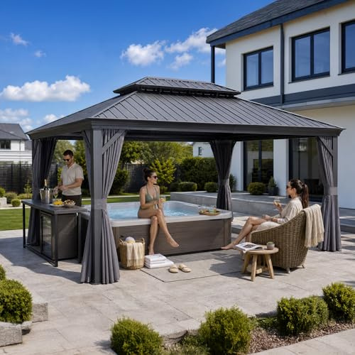 PURPLE LEAF Pavillon 3.65 x 4.85 m Wasserdicht Stabil Winterfest Gartenpavillon Alu Pavillon mit Seitenteile Hardtop mit Stahldach, Grau