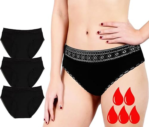 Braga Menstrual Flux Muy Abundante - Ropa interior higiénica de algodón orgánico - Bragas antifugas urinarias e incontinencia - 4 capas de protección absorbentes - Bragas de regla lavable negro para