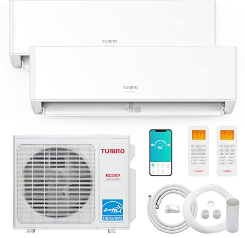 TURBRO 18,000 BTU Dual Zones Mini Split AC/Heating System, R454B, Ductless Multi Zones Inverter Mini Split Air Conditioner with Heat Pump, 24 SEER2, WiFi Enabled, Greenland (9K+12K), 230V