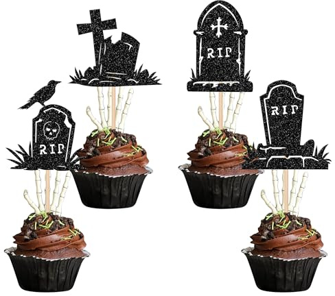 Xsstarmi 24 Pack Tombstone Cupcake Toppers RIP Cemetery Graveyard Red Zombie Skeleton Crow Cupcake Picks Halloween Cupcake Decoration for Halloween Theme Birthday Party Cake Decorations
