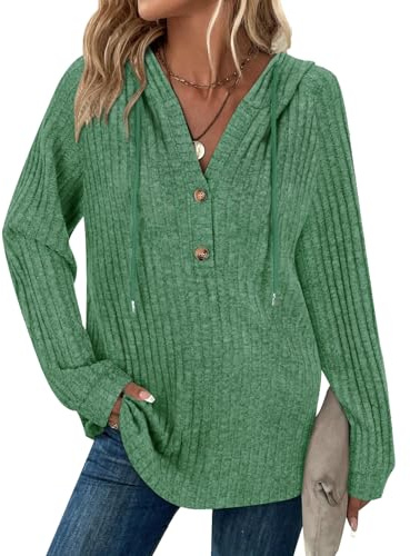 Jumpers for Women UK Long Sleeve Tops Ladies Casual Hoodie with Button V Neck Sweatshirts Hooded Tops Lightweight Christmas Jumpers for Women Halloween Shirts Dark Green S