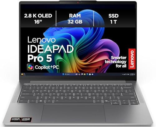 Lenovo IdeaPad Pro 5 AI Laptop | 16” 2.8K OLED Display | Copilot+ PC | AMD Ryzen AI AI 7 350 | 32GB RAM | 1TB SSD | AMD Radeon Grafik | Windows 11 Home | QWERTZ | Luna Grau | 3 Monate Premium Care