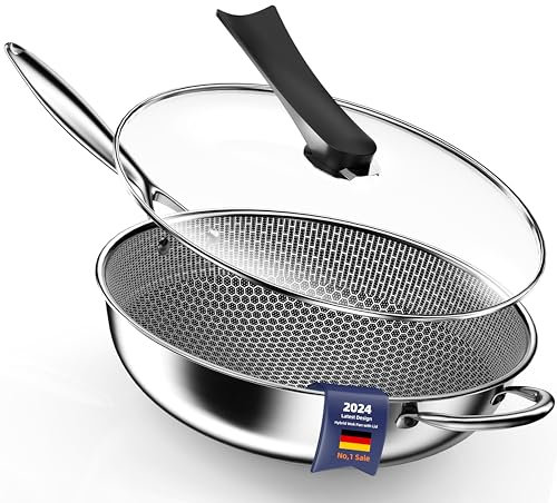 Kiseely Hybrid Wokpfanne mit Deckel 34 cm, Antihaft edelstahl Wokpfanne induktion, Bratpfanne mit Antihaftbeschichtung, Induktionfest pfanne, BPA/PFOA-frei wok (IU5)