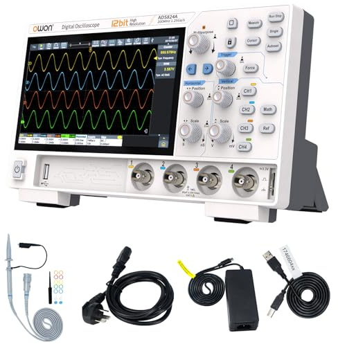OWON ADS824A Oscilloscopio Digitale 4 Canali 200MHz, Alta Precisione 12 Bit, 700k wfms/s, 50Mpts, Touchscreen, CAN/LIN, FFT, USB-C HDMI, per Laboratorio, Automotive, Didattica