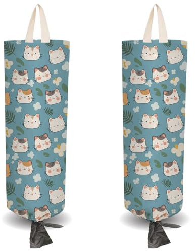 CRASPIRE 2 soporte Bolsas Plástico Tela Diseño Gato Azul 4 ganchos Adhesivos Cuerda Tirar Comestibles Ajuste Libre Organizador Reutilizable Lavable Montaje En Pared Dispensador Almacenamiento Colgante