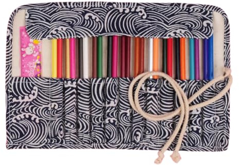 Pencil Wrap Canvas Pen Curtain Wave Newspaper Letter Painting Tool Storage Bag Large Capacity Roll Pencil Case-Swirling Waves-36+1 Holes
