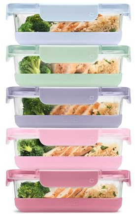 Ello Duraglass Refresh 3.4 Cup Meal Prep Sets 10Pc, 5 Pack Set- Glass Food Storage Container with Silicone Boot and Airtight BPA-Free Plastic Lids, Dishwasher, Microwave and Freezer Safe,Dusk Delight