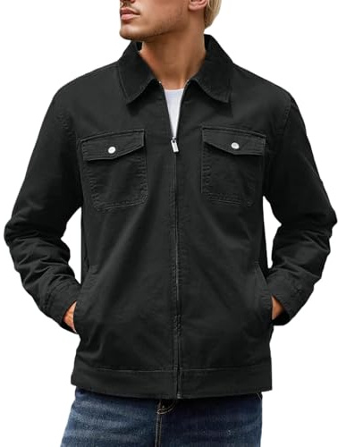 Genérico Veste en jean avec doublure en flanelle légère pour homme Blazer automne avec col montant et fermeture éclair occidentale pour sports et vestes d'hiver coupe-vent, Noir , XL