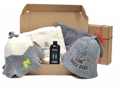 SAUNA GURU Sauna Gift Set for Couples - 2 Sauna Kilt Towels Made of 100% Cotton, 2 Embroidered Sauna Hats and Eucalyptus Sauna Infusion - Natural Sauna Accessory Set for Wellness, Relaxation & Ges
