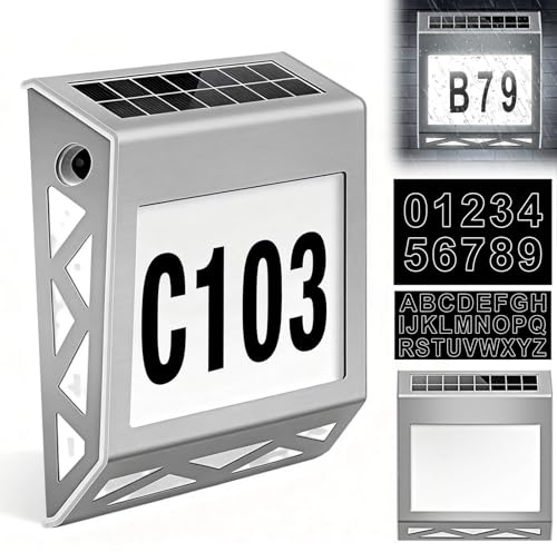 Numero civico illuminato a energia solare, 8 LED, numero civico solare con interruttore crepuscolare, 3 colori chiari in acciaio inox, numero civico solare con numeri 0-9 e lettere A-Z IPX5 esterno