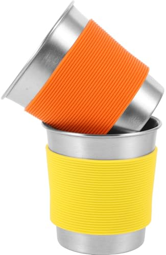 MAGICLULU Lot de 2 Tasses en Acier Inoxydable 250 ML Manchon en Silicone Anti-Brûlure Gobelets Légers Jaune et Orange pour Camping Randonnée et Boissons Chaudes Tasses à Café en Métal