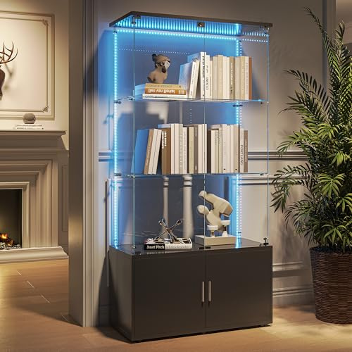 Armario vitrina de cristal, vitrina de cristal, 3 capas, armario con cerradura y armario de almacenamiento, 164 x 35 x 78,5 cm, vitrina, cristal LED, vitrina de cristal, para colección con puerta de