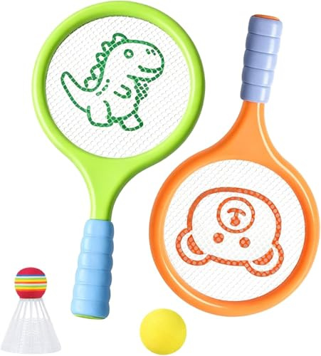 2 Pack Kids Badminton Rackets Set With Shuttlecock & Tennis Ball, Kids Tennis Rackets For Children Indoor Outdoor Sports Games, Children Cricket Bat For Garden, Beach, Park Play (Orange + green)