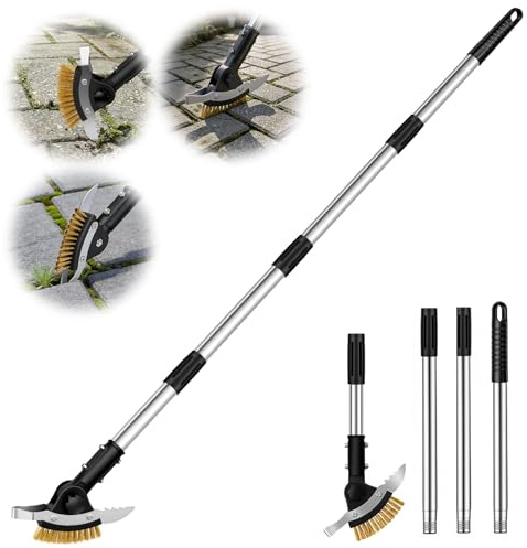 Hysagtek 3-in-1 Patio Weed Remover Tool with Long Handle - Crevice Weed Brush with Scraper Blade, Stand Up Crack Weeder, Heavy Duty Moss & Root Remover for Block Paving, Driveways, Garden Paths