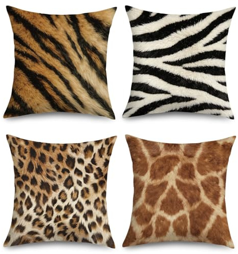 Joymaison Federe per Cuscini Divano 45x45 set di 4 Stampa Animalier Federa Copri Cuscino Astratta Motivi Pelliccia Zebra Leopardo Federe Confezione Copricuscini Quadrati per Camera da Letto Divano