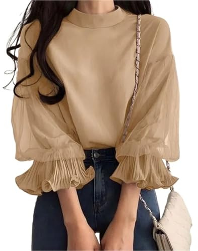 volangblus för kvinnor kvinnor elegant fest blus chic mesh volanger 3/4 ärm toppar höst designer ståkrage skjortor lösa tunika för att jämföra, Beige, XL